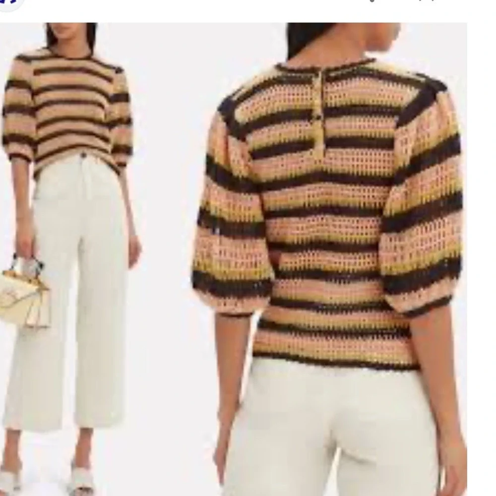 Ulla‎ Johnson Amata Crochet Knit Striped Puff Sleeve Top Pink Yellow Black CS p
